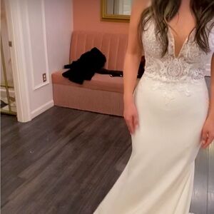 Stretch crepe fit and flare gown with sheer bodice